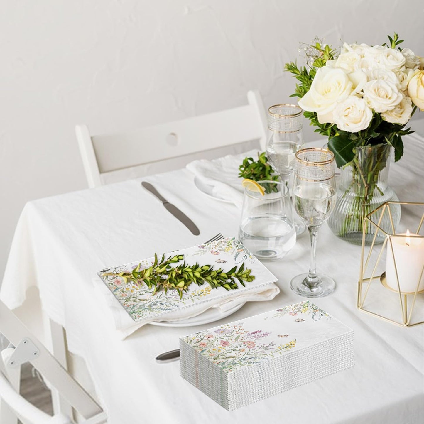 100 Spring Flower Napkins - Watercolor Wild Flower Disposable Hand