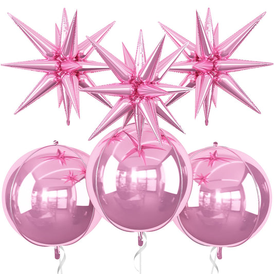 6Pcs Pink Foil Balloons,22Inch Metallic Pink 4D Round Ball Balloon and