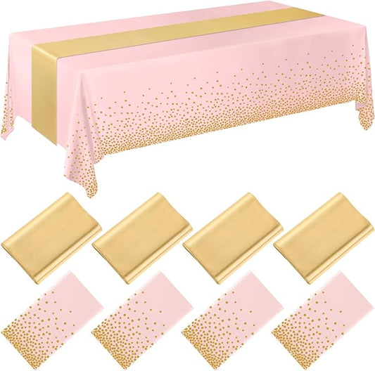 Breling 8 Pack Pink and Gold Disposable Plastic Tablecloths and Satin