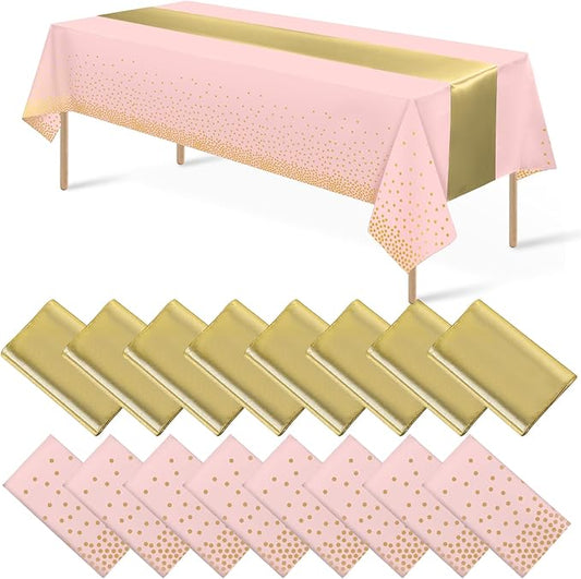 16Pack Disposable Plastic Tablecloths and Satin Table Runner Set Pink