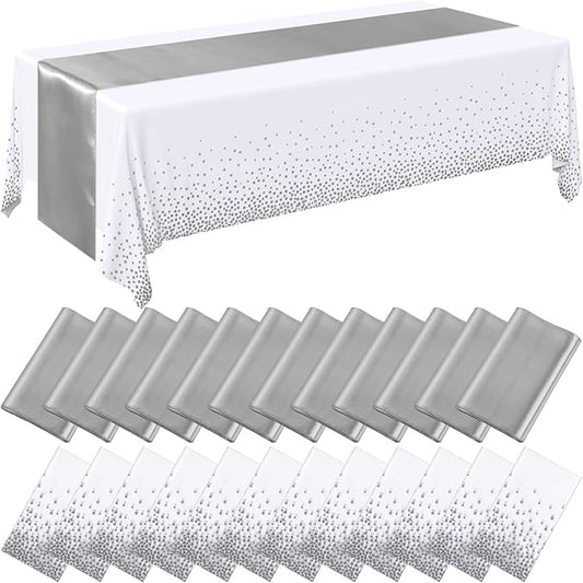 Breling 24 Packs White and Silver Disposable Plastic Tablecloths and