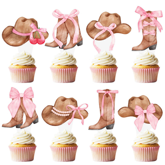 Cowgirl Boots and Hat Pink Bow Cupcake Toppers Coquette Cowgirl Cake