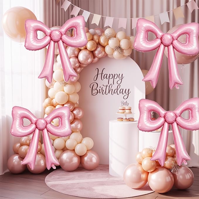 6 Pcs Pearl Pink Bow Balloons, 30 Inch Bow Foil Balloon, Pink Cutout
