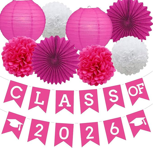 Hotpink Graduation Party Decoration Class 2026 Banner Hanging Pom