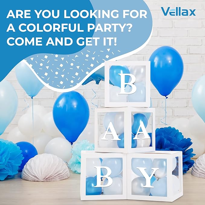 Baby Shower Boxes with Letters – White Boxes with Blue, Silver &
