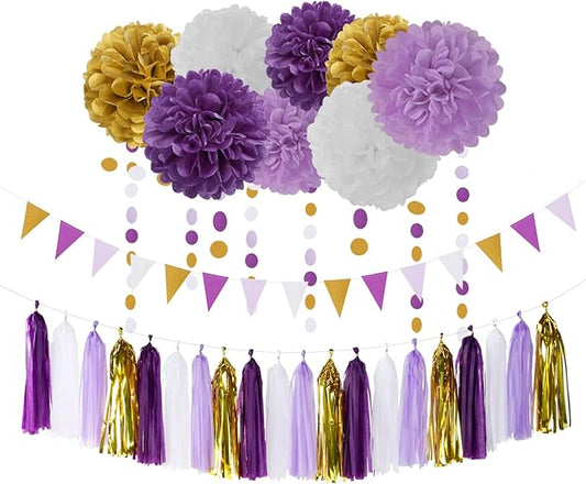 Purple Gold Graduation Decorations 30pcs Kits Lavender White Paper