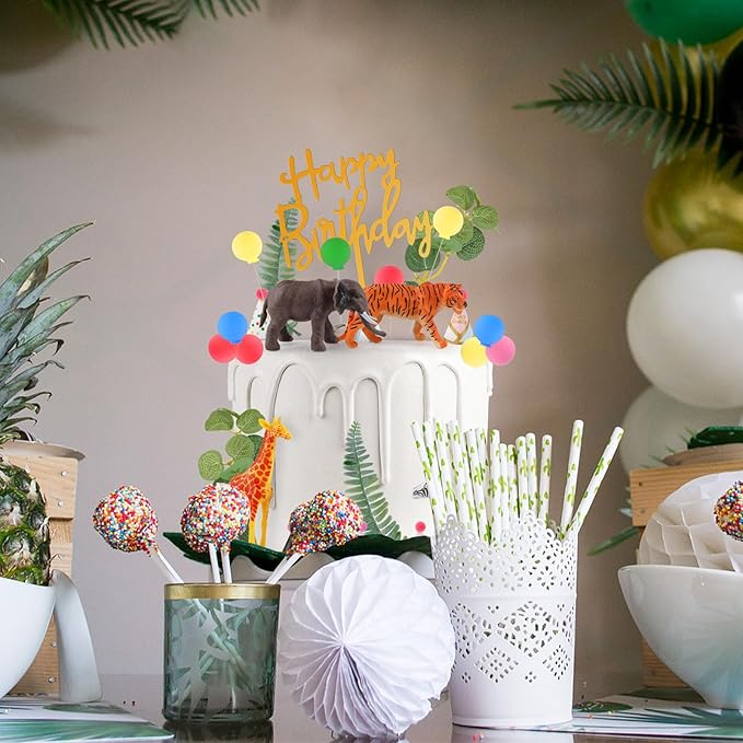34 Pcs Safari Animal Cake Toppers with Mini Birthday Party Hats