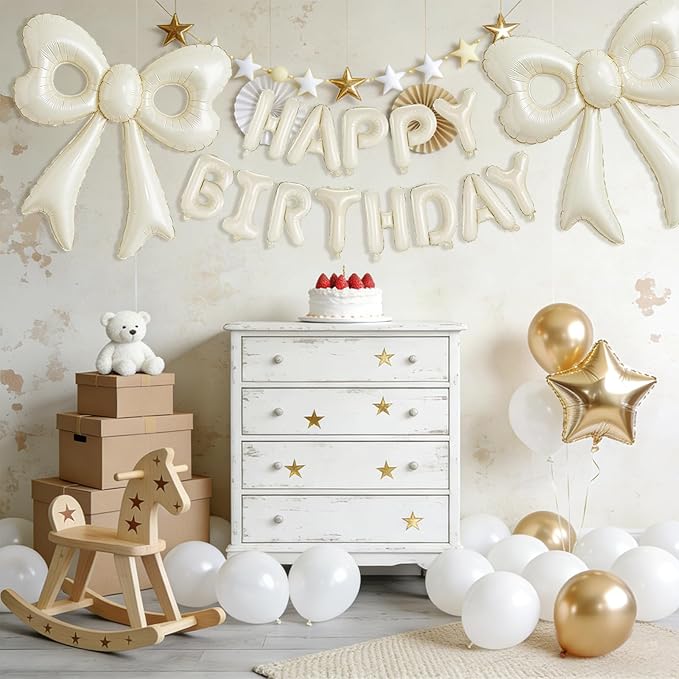 4 Pcs Cream Bow Balloons, 31”Huge Beige Bow Aluminum Foil Balloons