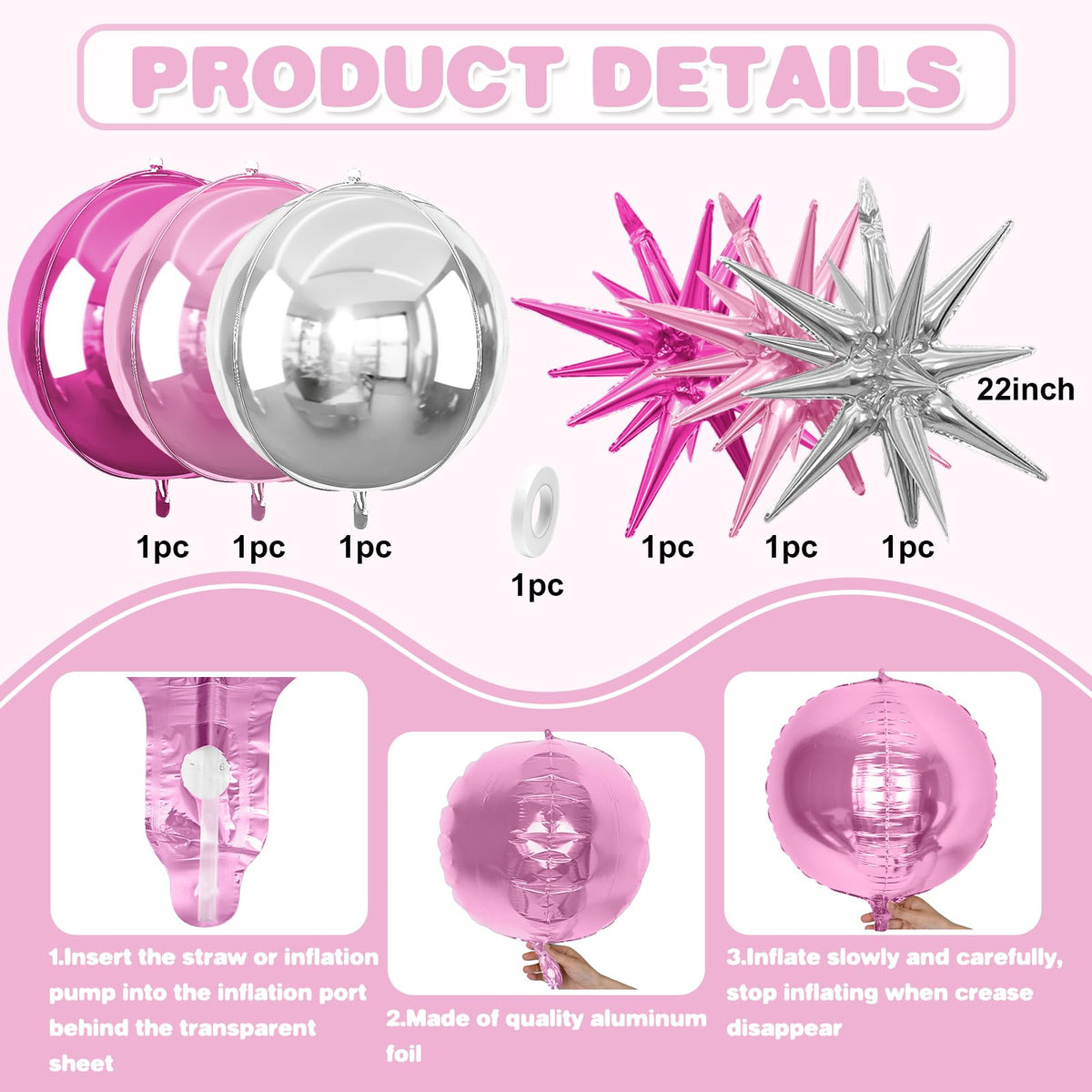 6Pcs Pink Silver Foil Balloons,22Inch Hot Pink Silver 4D Round Ball