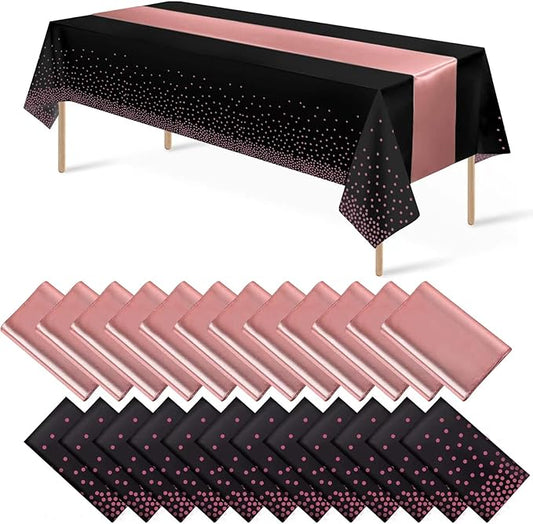 24Pack Disposable Plastic Tablecloth and Satin Table Runner Black and