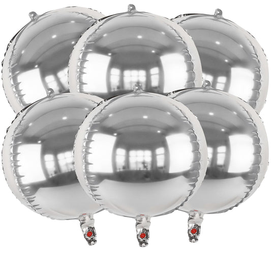 Metallic Silver Round Foil Balloons, 22" Large 4D Sphere Mylar