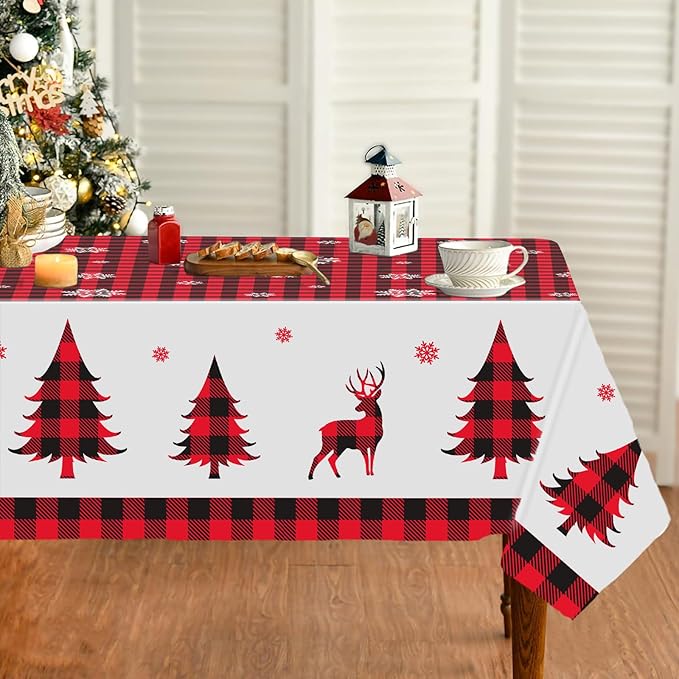 3PCS Christmas Tablecloth Red and Black Buffalo Plaid Rectangular