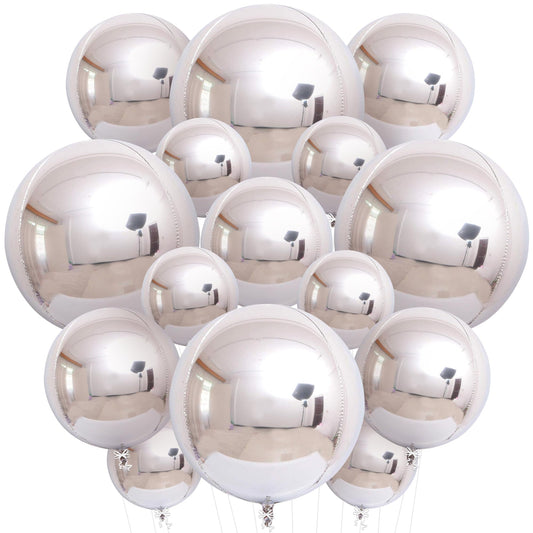 Metallic Silver Balloons - 22 Inch, Pack of 14 | 4D Round Foil