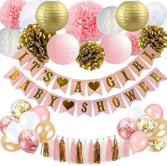 It's A Girl Baby Shower Decorations Pink & Gold Banner Lanterns
