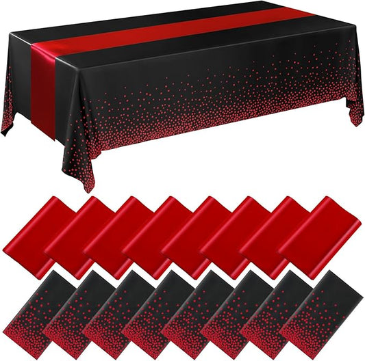 Breling 16 Pack Black and Red Disposable Plastic Tablecloths and