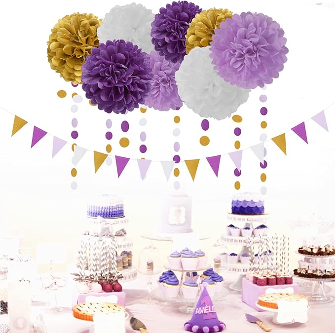 Purple Gold Graduation Decorations 30pcs Kits Lavender White Paper