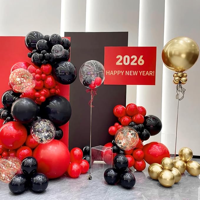 155Pcs Red Black Gold balloons Garland Arch Kit with Gold Confetti