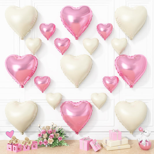 Pink White Heart Balloons, 19PCS Nude White and Pink Heart Shape
