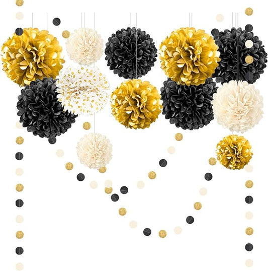 Black Gold Party Decorations 15 PCS Tissue Paper Pom Poms Kit for