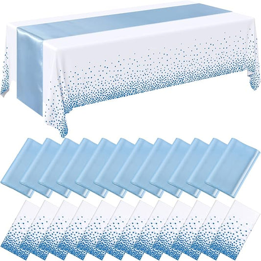 Breling 24 Packs Baby Blue and White Disposable Plastic Tablecloths