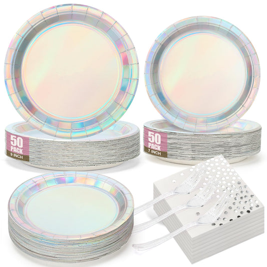 Iridescent Party Plates and Napkins,200pcs | 50 7inch Dessert Plates |