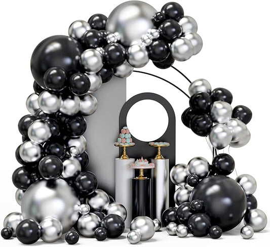 Black and Silver Balloons Arch Garland Kit, 134pcs Metallic Chrome