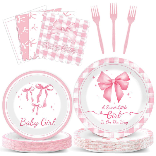 96Pcs Pink Bow Baby Shower Party Supplies Girl Bow Paper Plates