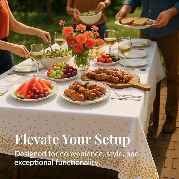 Prestee 12-Pack White and Gold Tablecloth - 54x108 Inch - Disposable