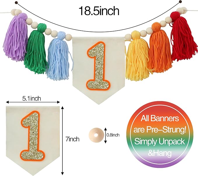 Handmade Rainbow 1st Birthday HighChair Banner Colorful