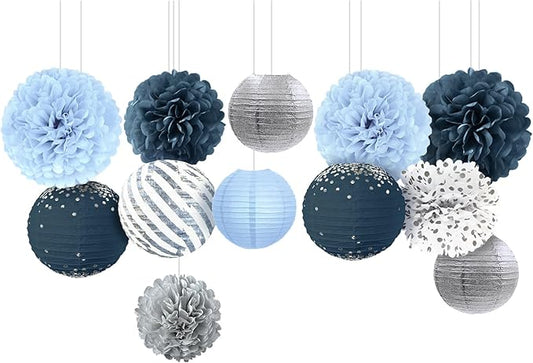 Dusty Blue Wedding Decorations 12 PCS Blue Grey Tissue Pom Poms