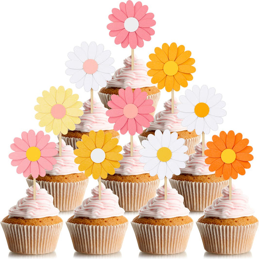 Henoyso 48 Pcs Daisy Cupcake Toppers Groovy Spring Flower Cake Topper