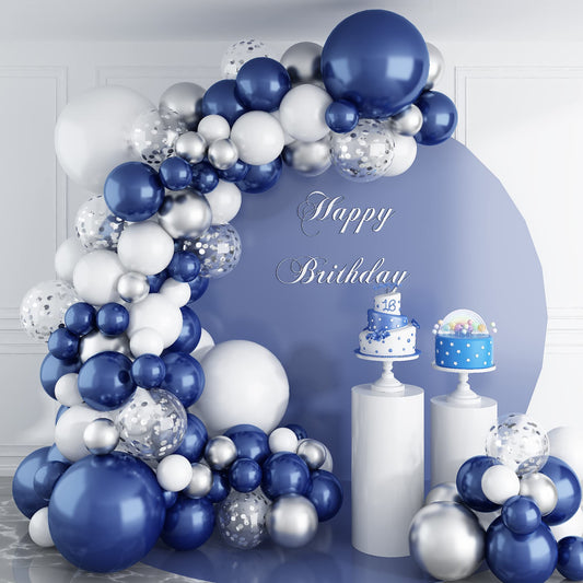 144PCS Navy Blue Silver Balloons Garland Kit, 18 12 10 5 inch Blue