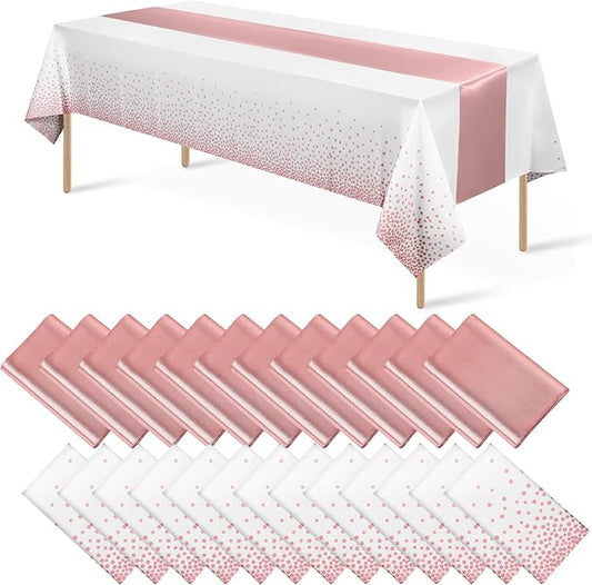 24 Pack White and Rose Gold Tablecloth Set - Rectangular PEVA