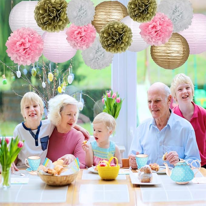 Pink and Gold Party Decorations, Pink Gold Paper Lanterns and Pom