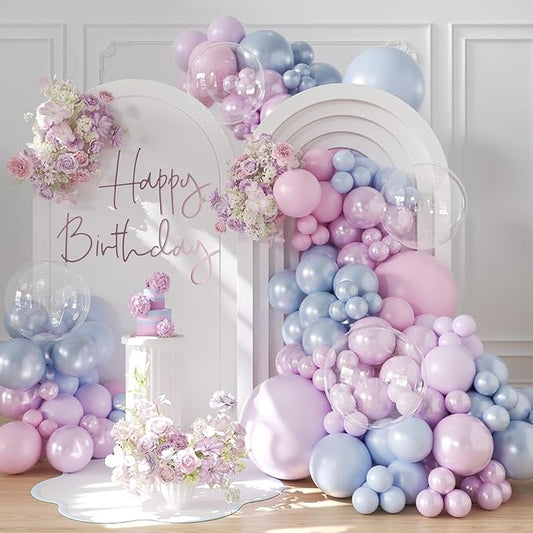Pink Purple Blue Balloon Arch Kit 108Pcs Double Stuffed Pearl Blue