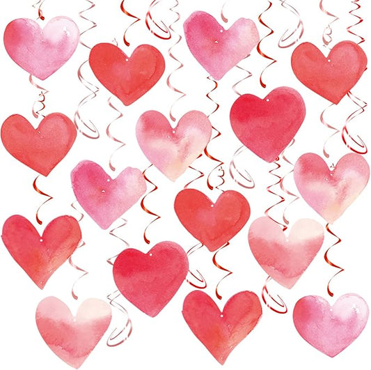 Red Pink Heart Hanging Swirl Decorations, Foil Ceiling Hanging Whirls
