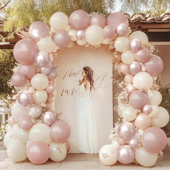 Boho Dusty Pink Balloons Garland Arch Kit, Double Stuffed White Pearl