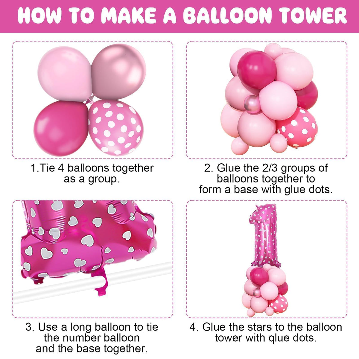 Pink 1st Birthday Balloons Decorations, Hot Pink Rose Polka Dots