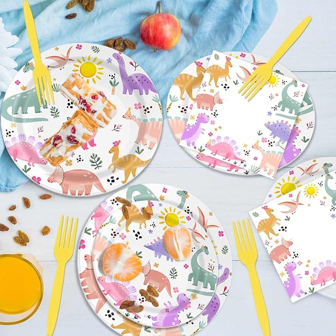 Pastel Dinosaur Plates and Napkins Girl Dino Pink & Purple Three Rex