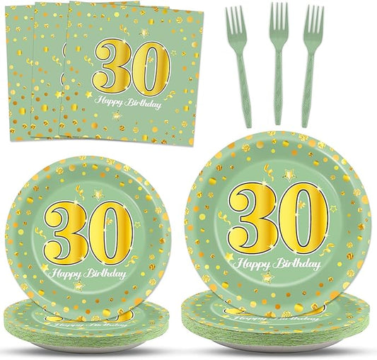 96Pcs Green Gold 30th Birthday Party Plates and Napkins for Women