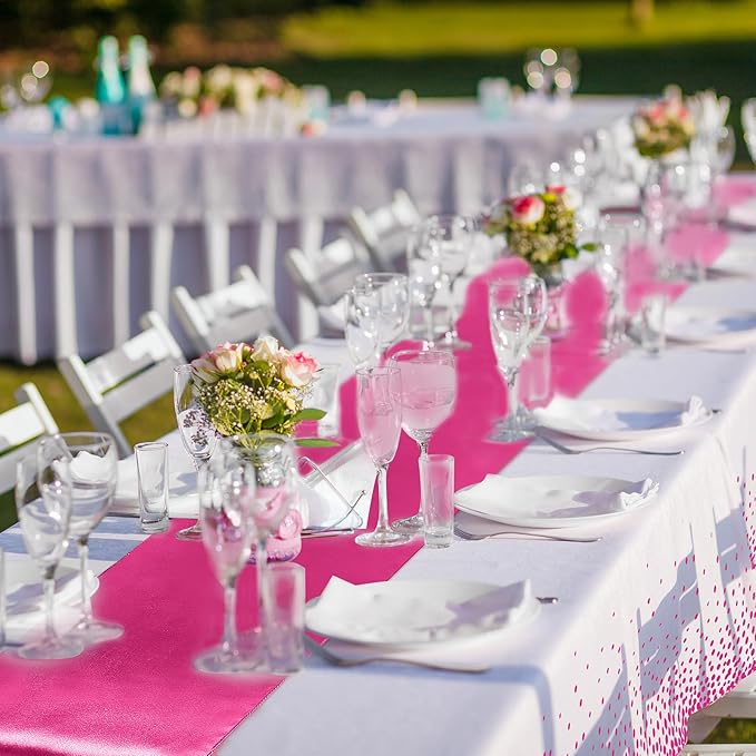 8 Pack White and Hot Pink Disposable Plastic Tablecloths