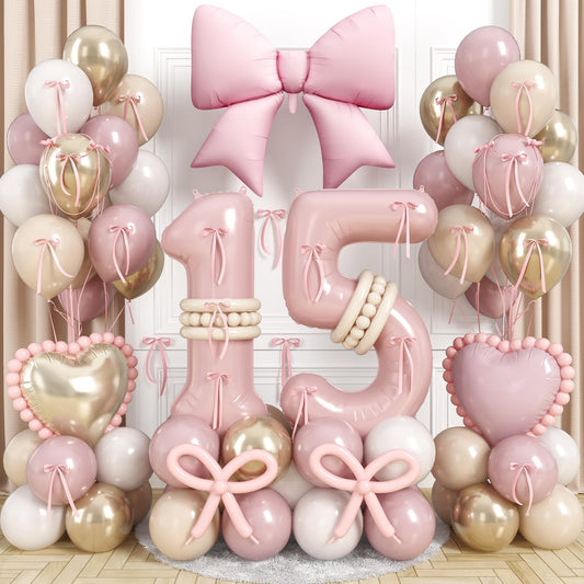 Pink Number 15 Balloon 40 Inch, Dusty Blush Pink Gold White Sand Latex