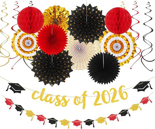 Red-Black Gold Party-Decorations Graduation Banner-Streamers - 18pcs K