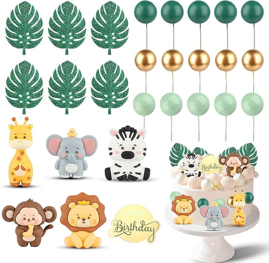 27pcs Safari Animal Cake Topper Jungle Wild Cake Toppers with Leaves