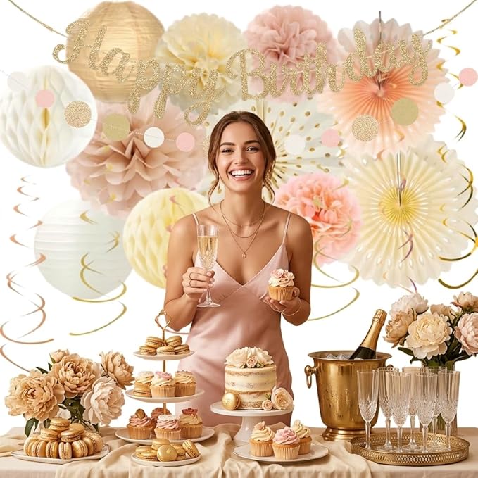 Champagne-Gold Birthday Party Decorations Kit-26 Piece- Glittery