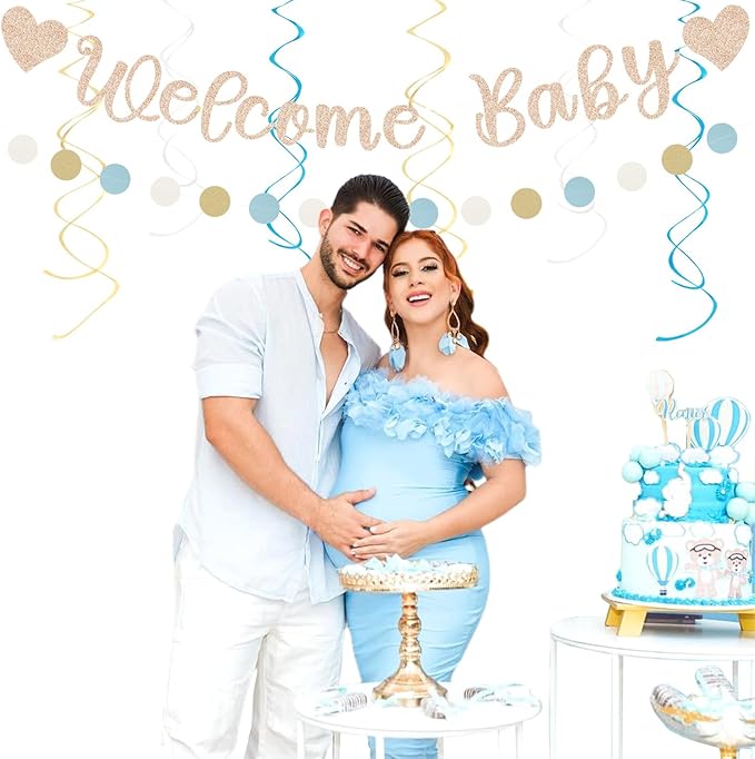 Light Dusty Blue Boho Baby Shower Party Decorations 21pcs Beige