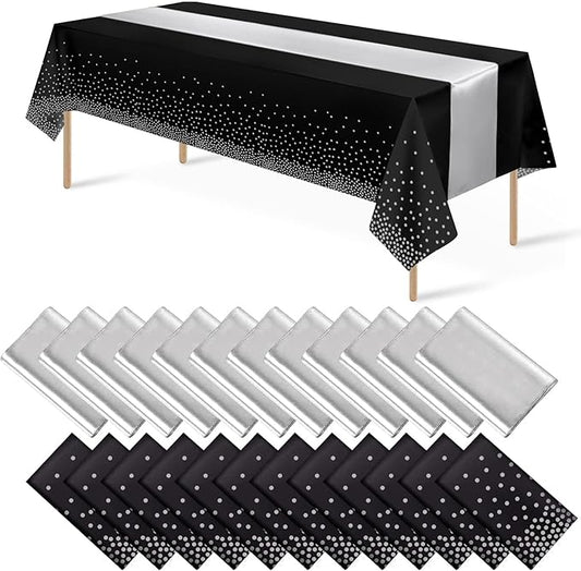 24Pack Disposable Plastic Tablecloths and Satin Table Runner Set Black