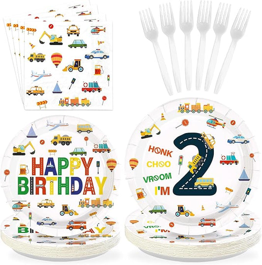96Pcs 2nd Birthday Cars Party Supplies Transportation Theme Birthday