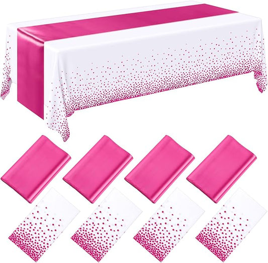 Breling 8 Pack White and Hot Pink Disposable Plastic Tablecloths and