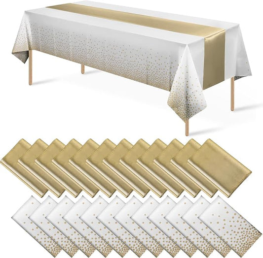 24Pack Disposable Plastic Tablecloths and Satin Table Runner Set